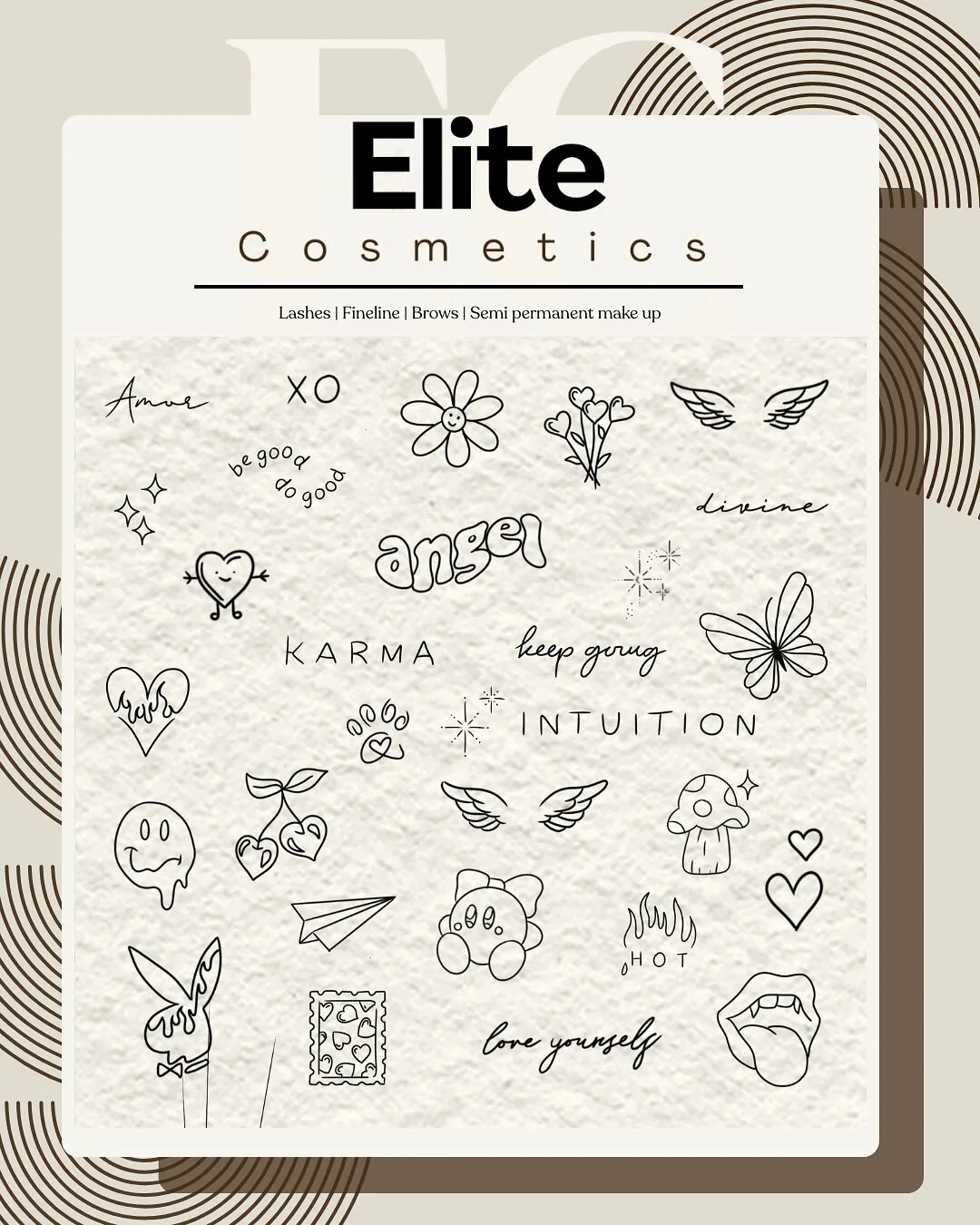 Elite Cosmetics fine-line tattoo flash sheet with small design ideas.